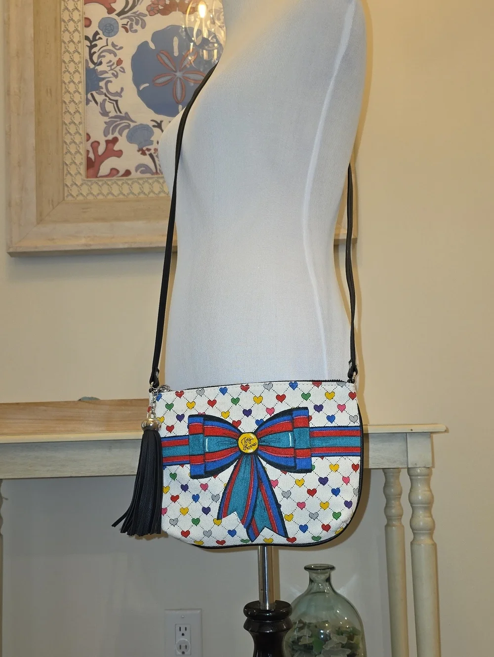 Brighton White Crossbody Bag with Multicolor Hearts & Blue-Red Bow